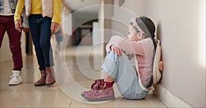 Girl, student on a floor and lonely with stress, school and anxiety with depression, ignore and education. Bullying, kid