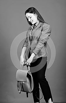 Girl student in formal clothes. female bag fashion. business. Shool girl with knapsack. student life. Smart beauty. Nerd