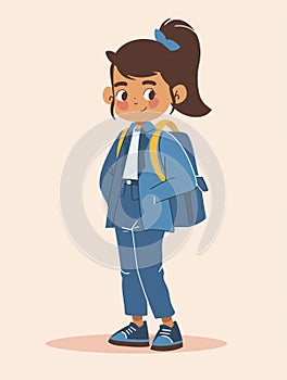 Girl student kid in suit with backpack. cartoon illustration. By generative Ai
