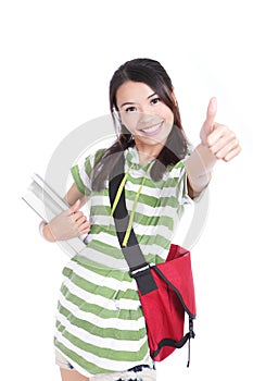 Girl student thumbs up hand gesture