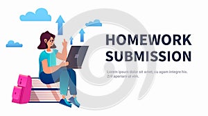 girl student usinglaptop homework submission e-learning online education concept horizontal
