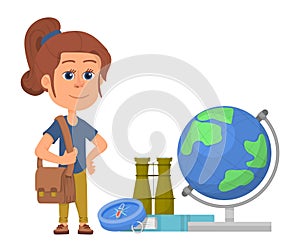 Girl studying geography concept. Child with navigation tools