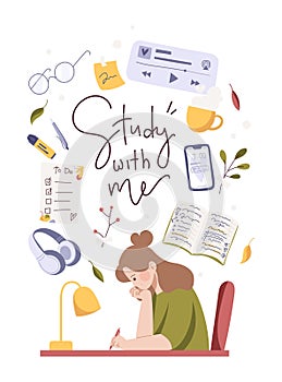 Girl studying at home. Lettering Study with me. Contemporary art, collection with cute hand drawn elements. Lo-fi hip