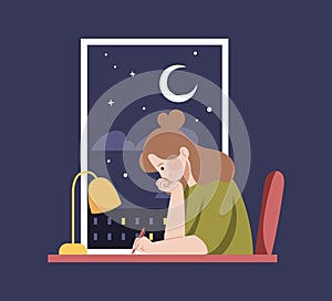 Girl studying at night. Woman working at home. Lo-fi hip hop girl