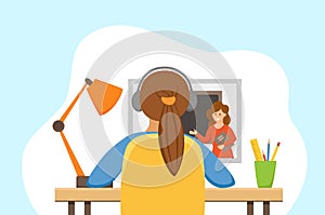 Girl studying online education at home cartoon vector illustration.