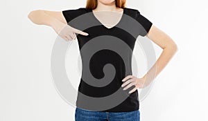 Girl in stylish black t-shirt isolated on white background, copy space, blank, t shirt mock up