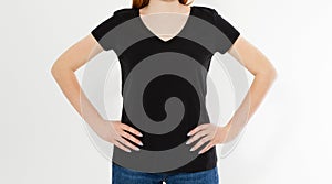 Girl in stylish black t-shirt isolated on white background, copy space, blank, t shirt mock up
