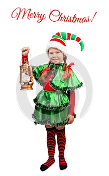 Girl in suit of Christmas Elf with Lamp on white