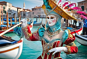 A girl in a suit and mask against the backdrop of the Venetian lagoon Venetian carnival