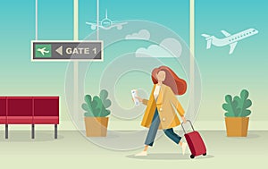 Girl with a suitcase at the airport. Vector illustration in flat style
