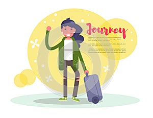 Girl with a suitcase. Journey Vector. Cartoon. Isolated art on white background. Flat