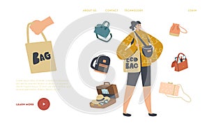 Girl with Suitcase, Reticule and Eco Bag, Backpack and Baggage Landing Page Template. Female Character with Bags photo