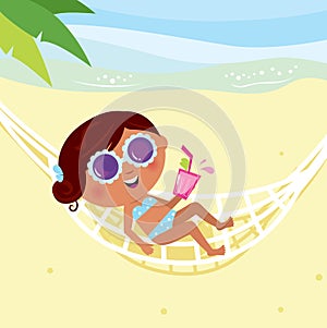 Girl with summer drink lying in a hammock