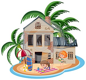 Girl on summer holiday at old beach house