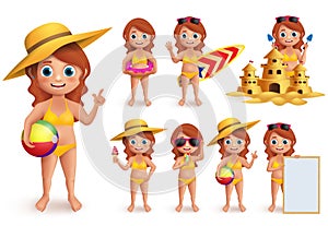 Girl summer kids vector character set. Young girl wearing bikini doing summer beach activities