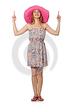 Girl in summer light dress and hat isolated on white