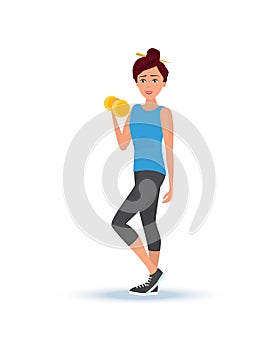 Girl in summer sportswear, engaged in weight lifting, raises dumbbells.