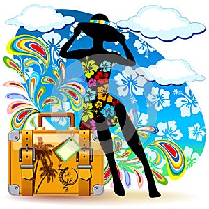 Girl Summer Traveler with suitcase Summer Vector Illustration