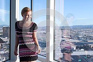 girl in sun light in office environment