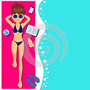 Girl sunbathing, flat design, holidays