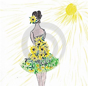 A girl in a sunflower dress painted with acrylics photo