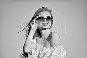 Girl in sunglasses copy space. Freedom. Carve out time for yourself. Harmony and balance. Female psychology. Beautiful