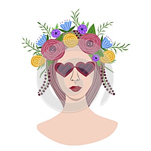 Girl in sunglasses and flowers on her head on white background. Vector illustration for printing, logo, beauty saloon, covers,