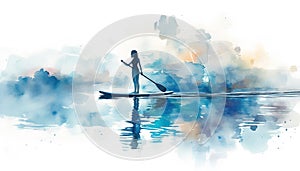 Girl on sup board in sea. Blue sky, sun shining. Bright clean watercolor illustration on white background.