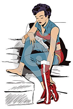 Girl in superhero costume undresses. Stock illustration.