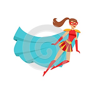 Girl superhero flying in red costume with blue cape