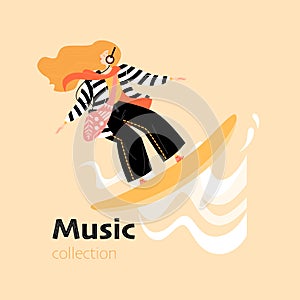 The girl on the surfboard with headphones glides along the musical waves. Conceptual image of enjoying music