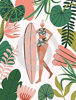 Girl surfer in bikini and jungle. Summer beach surfing background. Vector illustration for cover, postcard, poster.