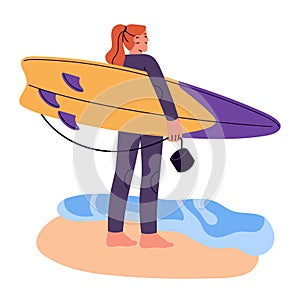 Girl surfer standing at sea coast, seashore. Woman holding water board in hand, waiting for wave to surf. Summer holiday