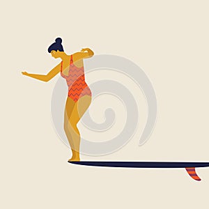 Girl surfers in bikini vector illustration. Flat style illustration. Summer beach illustration. Longboard women surfing.