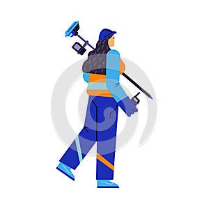 Girl surveyor character in blue helmet and suit flat style