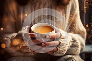Girl in sweater holds cup of tea or coffee in the morning sunlight. Female hands hold a mug with a hot drink. Generative