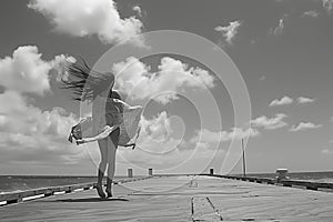 girl in a swim coverup blowing in the wind on a pier