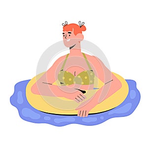 Girl swimming in inner tube or swim ring in pool, sea or ocean. Summer theme illustration with resting in water smiling woman