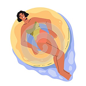 Girl swimming in inner tube or swim ring in pool, sea or ocean. Summer theme illustration with resting in water smiling woman