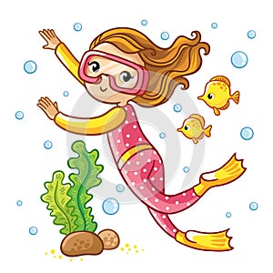 Girl swimming under water with fish.