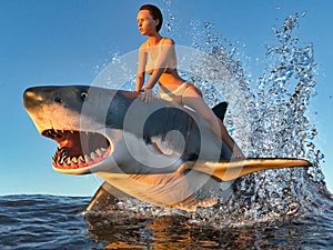 Girl swims on a shark