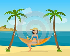Girl in swimsuit in hammock with palm