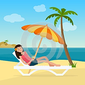 Girl in swimsuit in hammock with palm trees on beach.