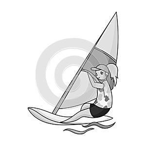 Girl in swimsuit on a sailing boat.The athlete involved in sailing at sea .Olympic sports single icon in monochrome