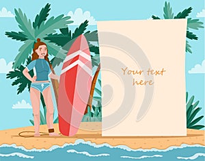 A girl in a swimsuit with a surf stands on the beach near a blank poster