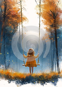 girl swing forest full moon trends sad color leaves falling unconnected magical sparkling colored drawing children holding onto