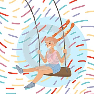 Girl on a swing. Joyful child for a walk, children`s activity. Vector illustration in cartoon style, card design