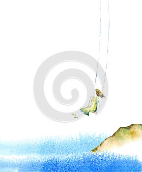 Girl on swing and lake in the summer.Greeting card.Rural landscape with tree.