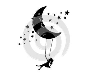 Girl on a swing on moon, vector. Girl silhouette on swing on moon with stars