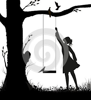 Girl and swing silhouette, childhood memories in summer day, pigeons on the swing, black and white,